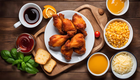 A plate of fried chicken wings and drumsticks surrounded by bowls of sweet corn, cheese, sauces, and herbs on a wooden table.の写真素材