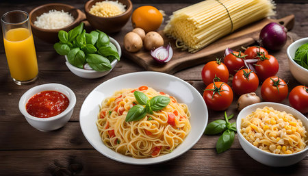 A close-up view of a plate of spaghetti with tomatoes, basil, and garlic, along with other fresh ingredients on a wooden table. The pasta is surrounded by a variety of ingredients such as tomatoes, basil, garlic, onions, cheese, corn, potatoes, and a glass of orange juice.の写真素材