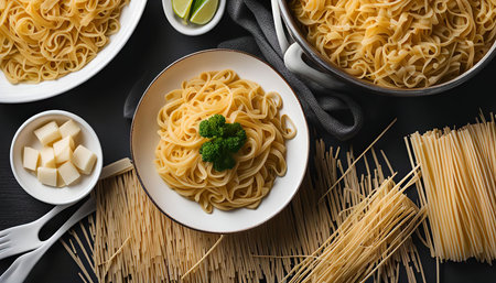 A top view of a table set with pasta, cheese, and other ingredients, ready for a delicious pasta dish.の写真素材