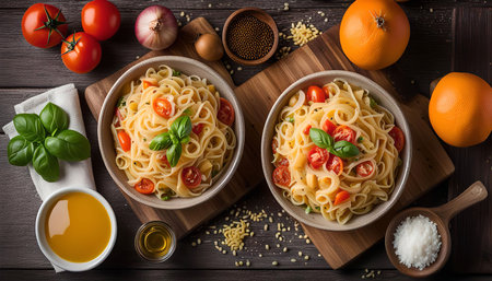 Two bowls of fresh pasta with cherry tomatoes, basil, and other ingredients on a rustic wooden table.の写真素材