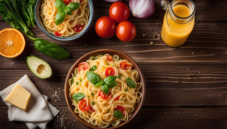 A bowl of pasta with cherry tomatoes, basil, and cheese on a wooden table, surrounded by fresh ingredients.の写真素材