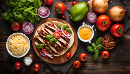 A delicious chicken taco with fresh ingredients like tomatoes, onions, green peppers, basil, and sauce.の写真素材