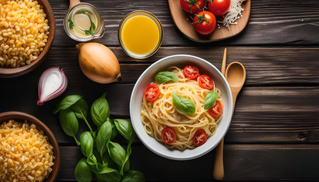 A close-up of a plate of pasta with cherry tomatoes, basil leaves and olive oil, on a rustic wooden table with ingredients like fresh basil, red onions and tomatoes surrounding it.の写真素材