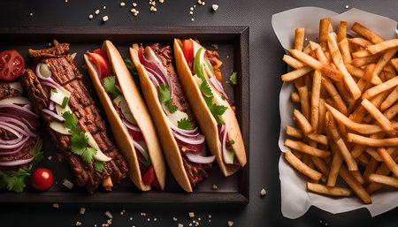 Close-up of delicious tacos with a side of crispy french fries on a black background