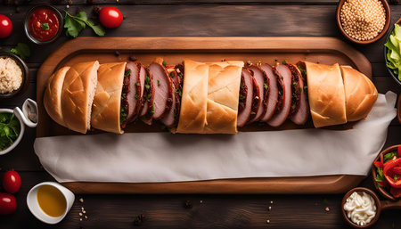 A freshly prepared sandwich with ham and cheese on a wooden table, ready to be enjoyed.の写真素材