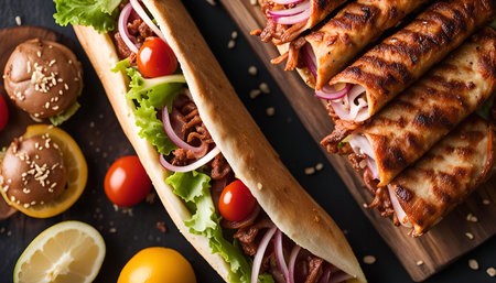 Close up of a delicious sub and grilled wraps, showing the fresh ingredients. A perfect meal for lunch or dinner.の写真素材