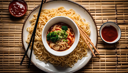 A plate of noodles with sauce and vegetables, chopsticks and a bowl of sauce.の写真素材