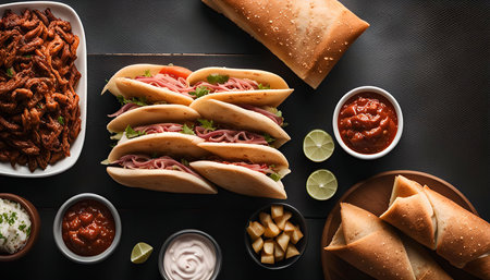 A flat lay shot showing delicious sandwiches with meat, cheese, and tomato on a dark table with...