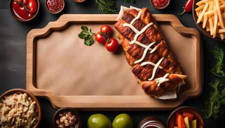 A delicious stuffed bread with a variety of dips and side dishes arranged on a wooden serving tray.の写真素材