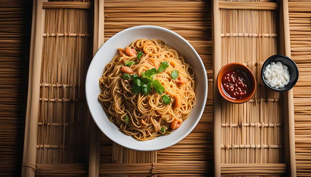 A bowl of delicious noodles on a bamboo mat with chopsticks. It looks like a delicious meal.の写真素材
