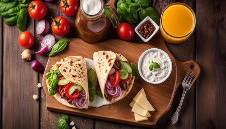 Two tortillas filled with fresh vegetables, tomatoes, cucumber, onions, and a side of a creamy dip on a wooden board with a glass of juice and fresh basil.の写真素材
