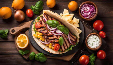A mouthwatering grilled chicken wrap filled with fresh corn, tomatoes, red onions, and a creamy sauce. It's a delicious and flavorful meal that's perfect for lunch or dinner.の写真素材
