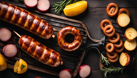 Closeup shot of grilled sausages on a wooden board, with red radishes, yellow peppers, and a ring-shaped sausage in the background.の写真素材