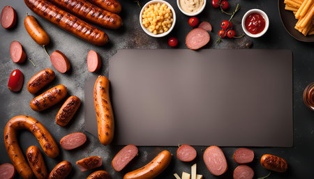 An overhead view of a delicious spread of grilled sausages, side dishes, and condiments. A blank gray plate offers space for text or graphics.の写真素材