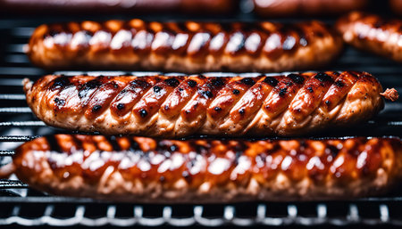Close-up shot of grilled sausages on a barbecue grill, displaying their charred and juicy appearance.の写真素材