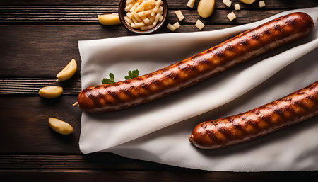 Two grilled sausages on a white napkin with diced potatoes and cheese on a wooden table.の写真素材