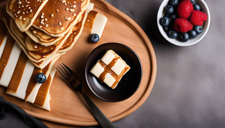 A stack of pancakes with caramel and blueberries, a square pancake with caramel and blueberries on a black plate, and a white bowl full of blueberries and raspberries, all on a wooden tray, ready to be enjoyed.の写真素材