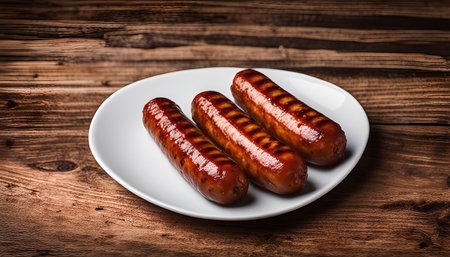 Three grilled sausages on a white plate with a rustic wooden table background.の写真素材