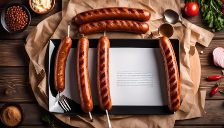 Close-up shot of a platter of grilled sausages with a variety of condiments such as mustard, sauce and chopped vegetables on a wooden table.の写真素材