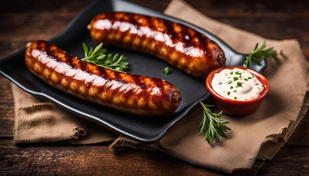 A close-up of two grilled sausages on a black plate. The sausages are perfectly cooked and have a beautiful char. They are served with a creamy dip in a red bowl and garnished with fresh rosemary.の写真素材