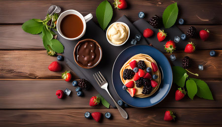 A plate of pancakes topped with fresh berries and chocolate sauce, surrounded by various fruits and leaves on a wooden table.の写真素材
