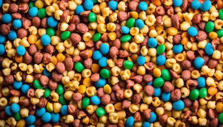 Close-up shot of a colorful snack mix with different candies and nuts.の写真素材