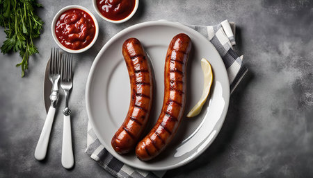 Two grilled sausages served on a white plate with a lemon slice and ketchup, photographed from above.の写真素材
