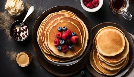 Close-up shot of a stack of delicious pancakes topped with fresh blueberries, raspberries, and blackberries, along with a side of butter, syrup, and whipped cream.の写真素材