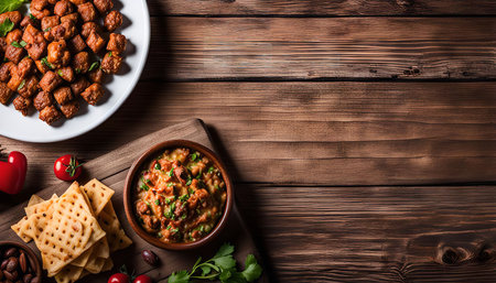 An overhead view of appetizers with a dip, crackers, tomatoes, and nuts arranged on a wooden table.の写真素材