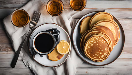 A close-up shot of a delicious pancake breakfast with coffee and lemon on a wooden table, with a fork and three glasses.の写真素材