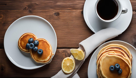 A delicious breakfast of pancakes topped with blueberries and a cup of coffee, perfect for a morning treat.の写真素材