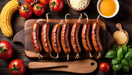 Grilled sausages on a wooden cutting board with side dishes of tomatoes, corn, basil, cheese and sauce.の写真素材
