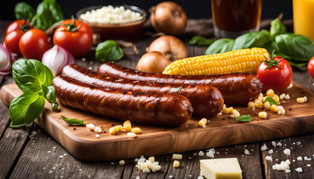 Close up of grilled sausages with corn on the cob and various vegetables on a wooden board.の写真素材