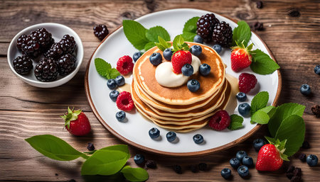 A stack of pancakes topped with whipped cream and fresh berries, including blueberries, strawberries, and raspberries, served on a white plate with fresh mint leaves on a wooden table.の写真素材