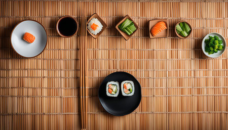 A top view of a sushi set on a bamboo mat, featuring nigiri and maki rolls, soy sauce, wasabi, ginger, and chopsticksの写真素材