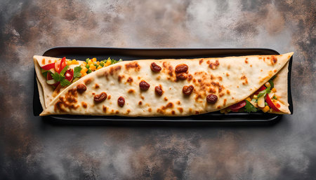 A delicious veggie wrap filled with corn, tomato, cucumber, and fresh herbs, on a black platter against a rustic brown background.の写真素材