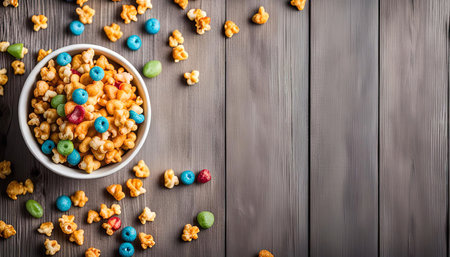 A bowl of colorful cereal is sitting on a wooden table, some cereal has spilled out of the bowl and scattered on the table. The bowl is white, the cereal is a mixture of yellow, brown, blue, red, and green.の写真素材