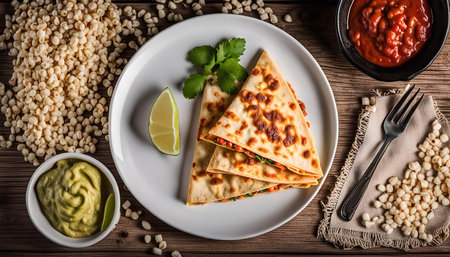 A plate of golden brown quesadillas with melted cheese, vegetables, and a side of guacamole and salsa.の写真素材