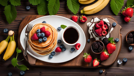 A stack of fluffy pancakes topped with fresh berries and a drizzle of syrup. A plate of fresh strawberries and raspberries, a cup of chocolate sauce and bananas add to the delightful breakfast spread.の写真素材