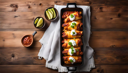 A close-up view of a dish of enchiladas garnished with cilantro and sour cream, presented on a wooden table with lime wedges, and a small bowl of sauce.の写真素材