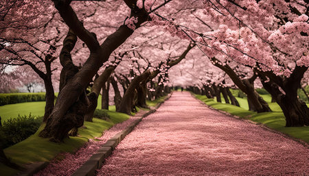 A picturesque pathway lined with cherry blossom trees in full bloom, creating a breathtaking tunnel of pink petals. The vibrant colors and soft petals create a tranquil and romantic ambiance.の写真素材