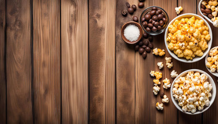 A close up shot of popcorn, chocolate and salt arranged on a wooden background. The white bowls with popcorn add a bright contrast to the dark wooden backdrop. The image creates a sense of snacking and indulgence.の写真素材