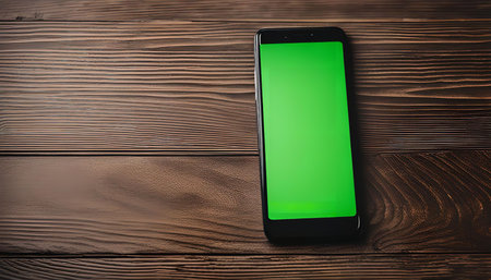 A black smartphone with a green screen placed on a wooden surface. The phone is in a horizontal position and the screen is facing the viewer.の写真素材
