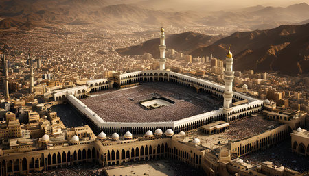 An aerial view of the Masjid al-Haram mosque in Mecca, Saudi Arabia, with a large crowd of pilgrims...