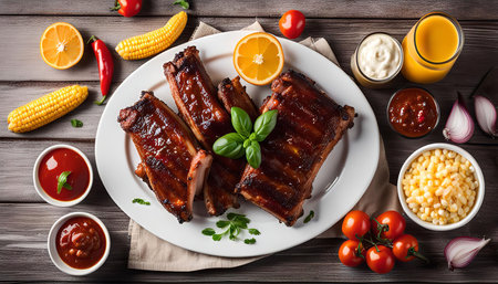 A plate of delicious BBQ ribs with corn, tomato, onion, orange, and lemon.の写真素材