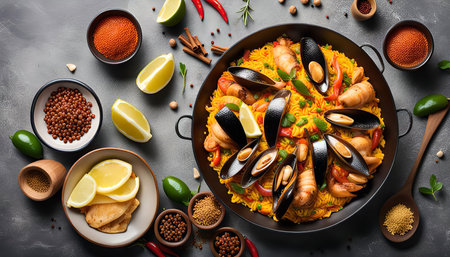 A delicious Spanish Paella with mussels, seafood, rice, and various spices, served in a traditional paella pan.の写真素材