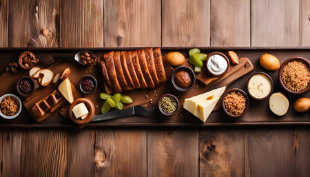 A curated selection of gourmet appetizers meticulously arranged on a rustic wooden tray. From creamy cheeses and crusty bread to tangy jams and savory dips, this platter is a symphony of textures and flavors that will tantalize your taste buds.の写真素材