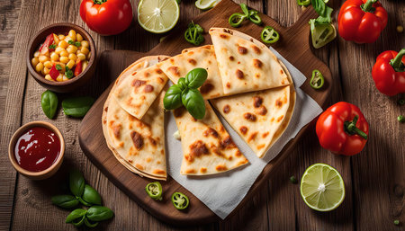 A delicious quesadilla with a variety of toppings, including red bell peppers, jalapeno peppers, corn, and lime, on a wooden board.の写真素材