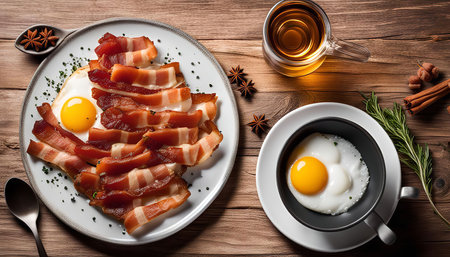 A plate with fried eggs and bacon, a cup of tea and a wooden table. This is a delightful breakfast scene, perfect for a cozy morning meal.の写真素材
