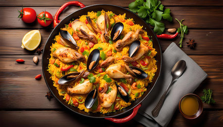 A mouthwatering paella, a traditional Spanish dish, featuring seafood, chicken, rice, vegetables, and aromatic spices. The vibrant colors and fresh ingredients create a culinary masterpiece, making it a perfect meal for any occasion.の写真素材